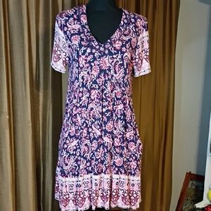3/$25 Knox Rose Cottagecore Pink Paisleys Over Blue Patterned Dress